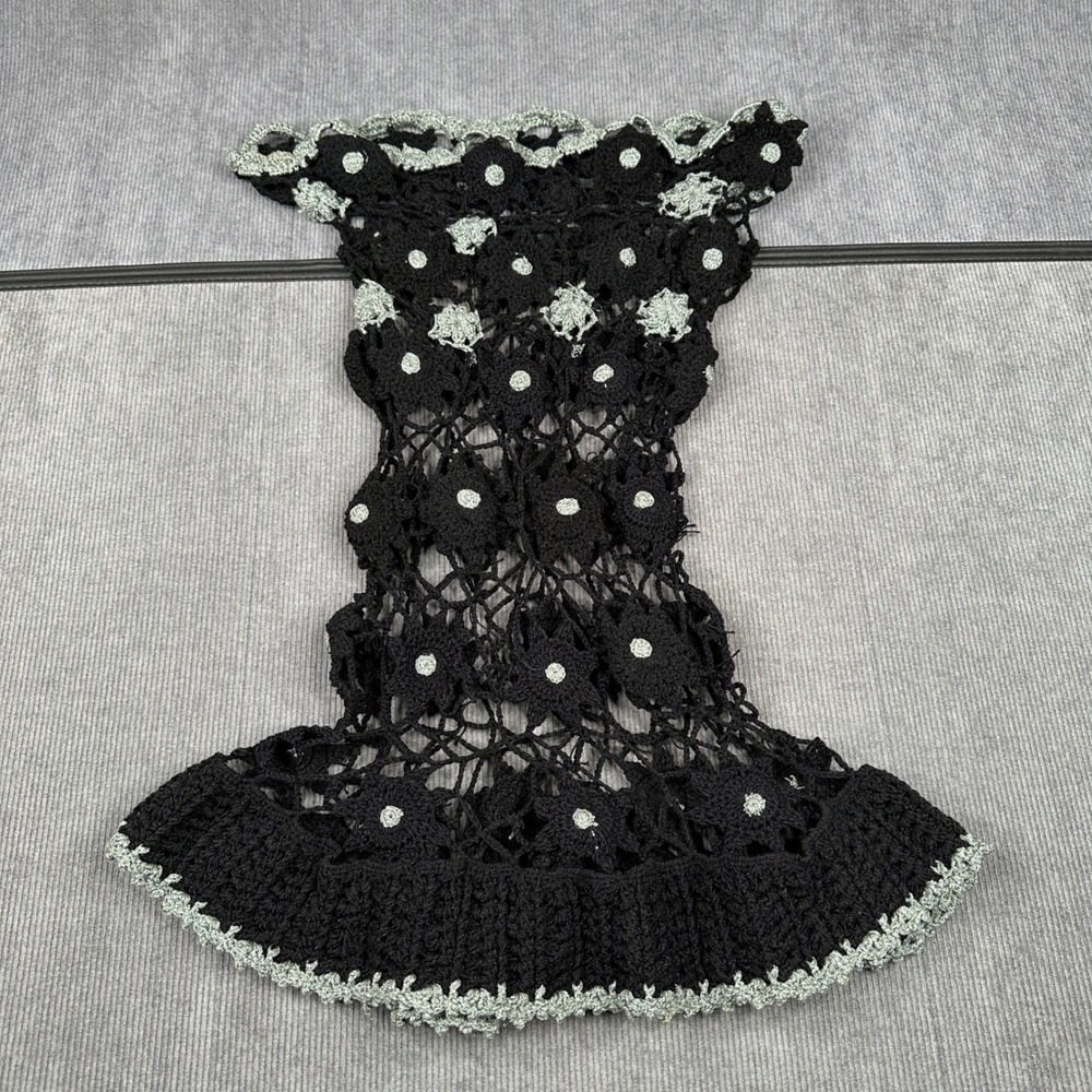 Handmade Crochet Floral Peplum y2k Top Black Silver Metallic Open Knit Fairycore